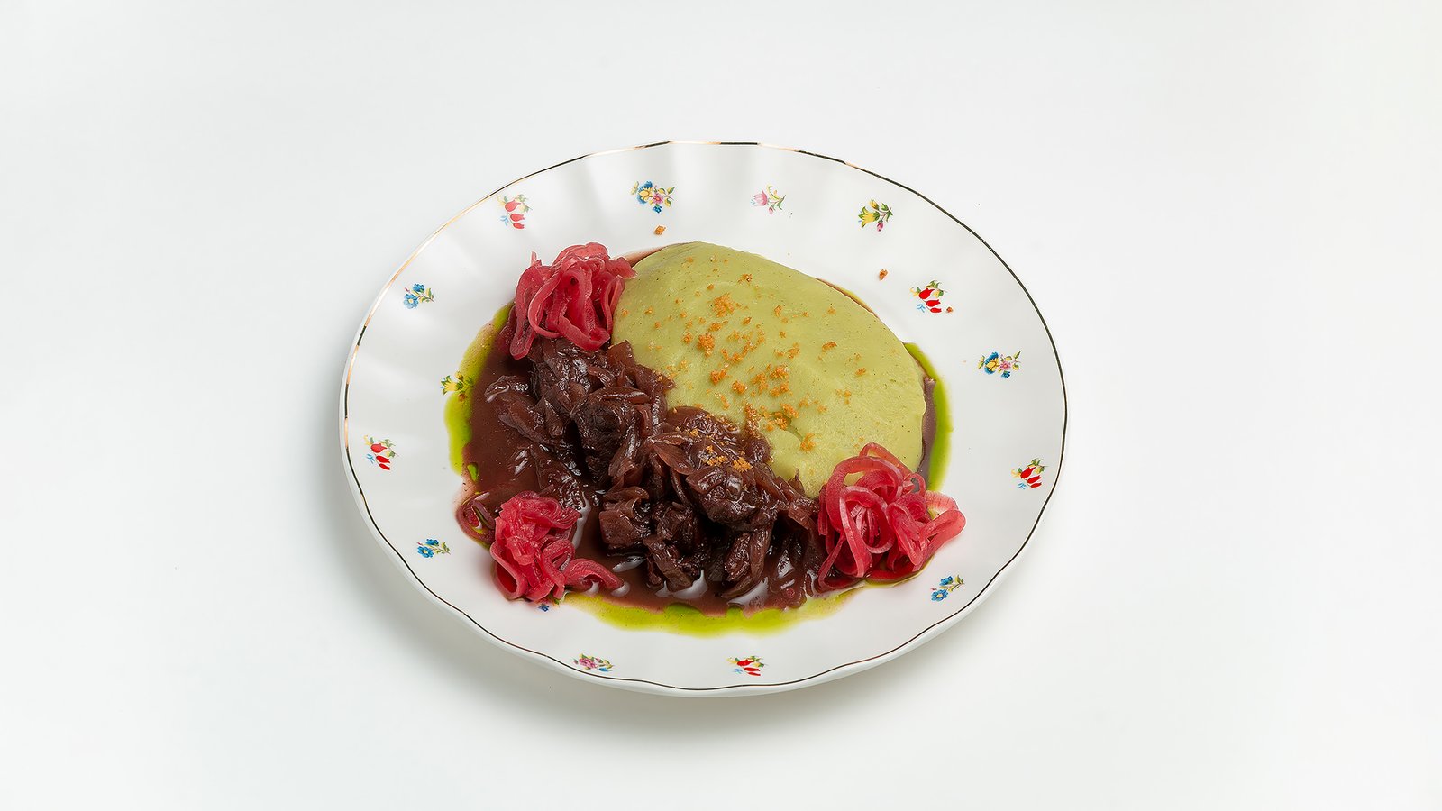 Slow-braised veal in a rich Saperavi wine sauce with green purée