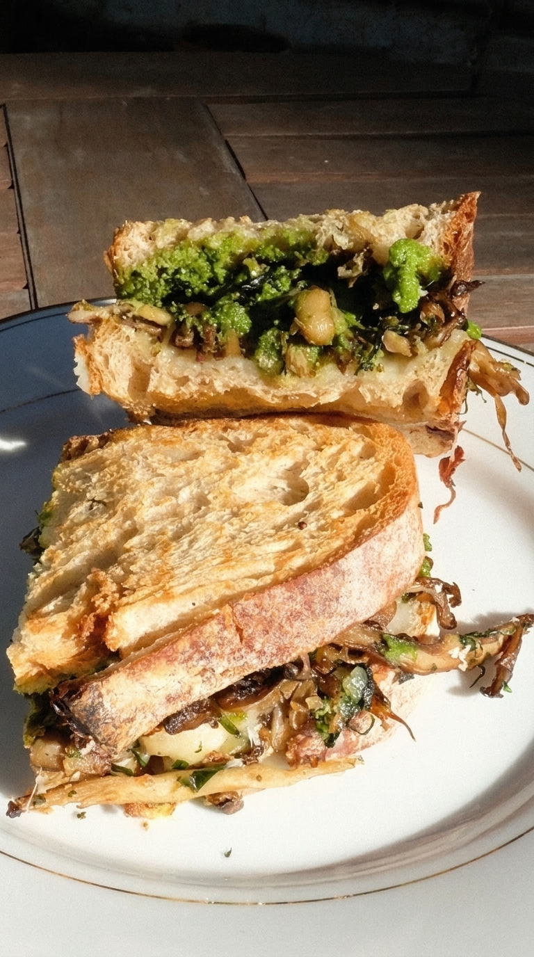 Sandwich with mushroom, tarragon and pesto