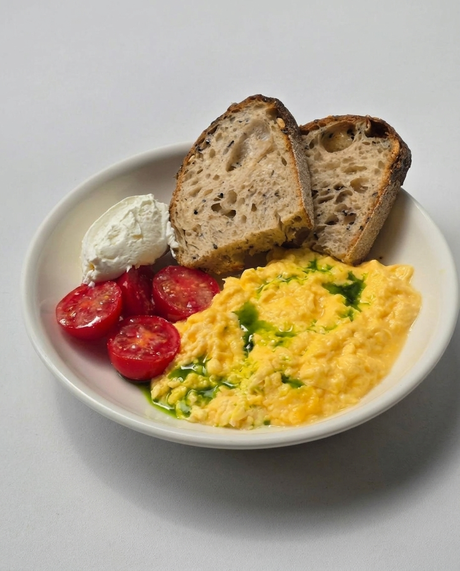 Scrambled eggs, sourdough, creame cheese, tomatoes