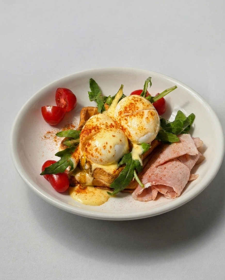 Waffle, spft boiled egg, arugula, hollandaise sauce  