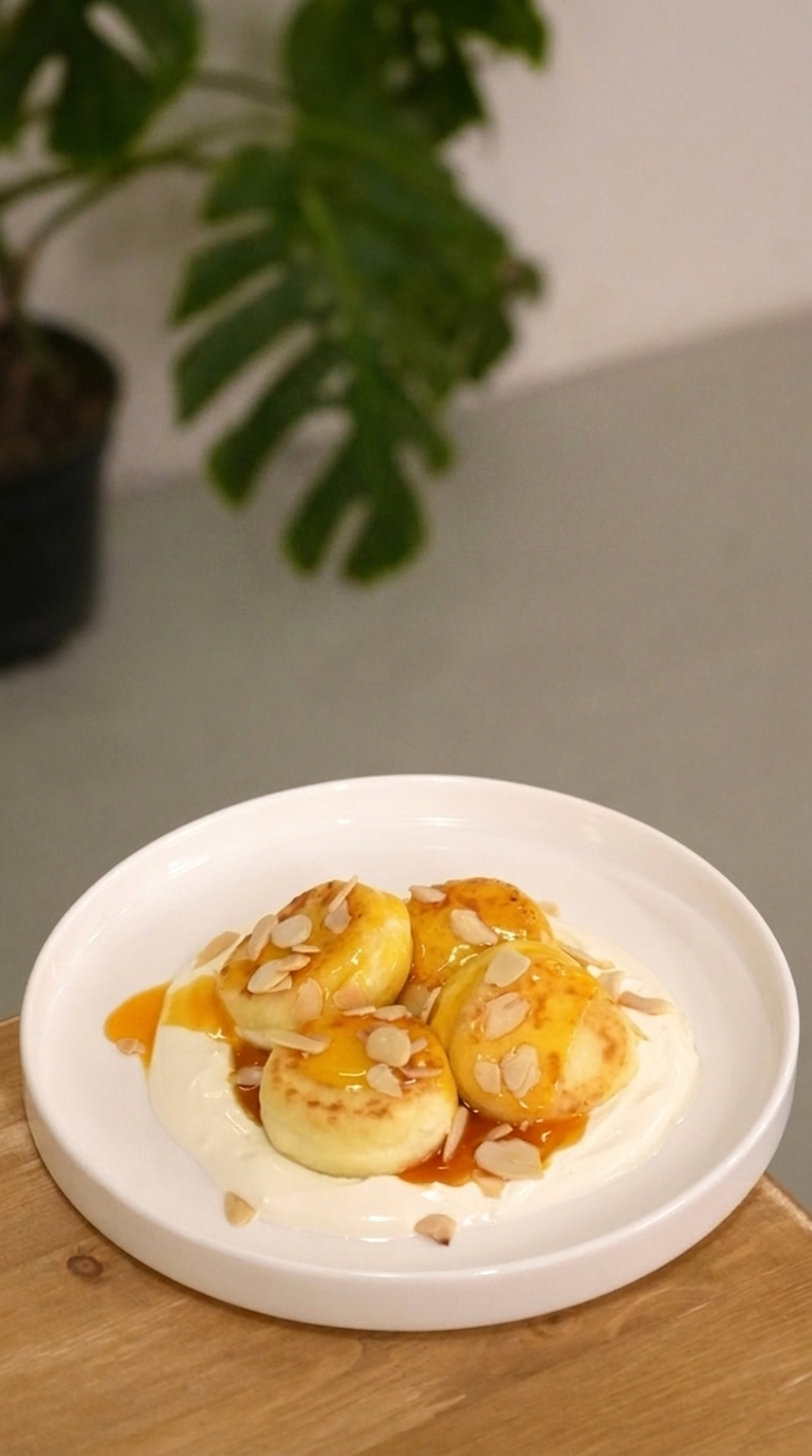 Syrniki with sour cream and passion fruit
