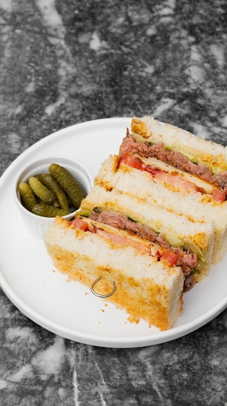 Grilled sandwich with black pepper beef and Suluguni