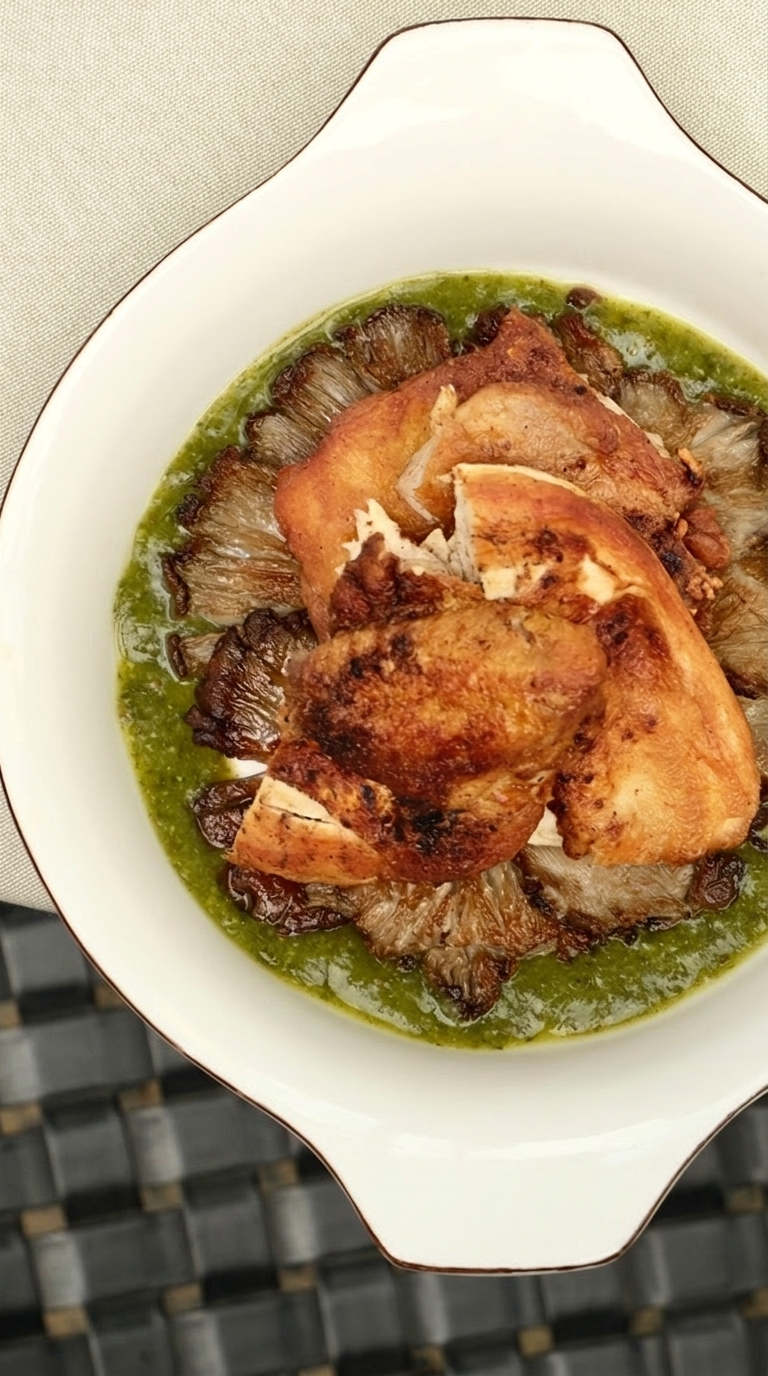 Grilled checken with tarragon sauce and crispy mushrooms 