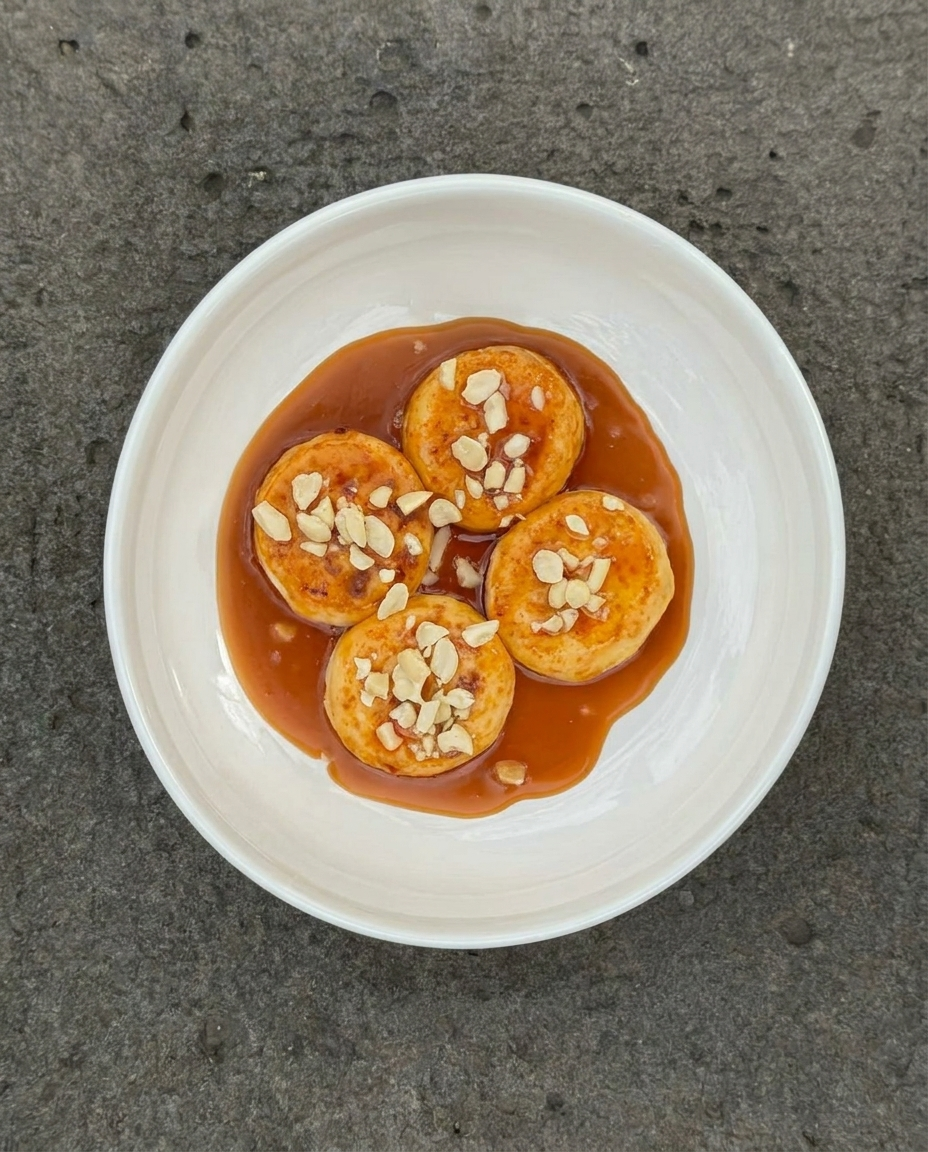 Syrniki with salted caramel and peanuts