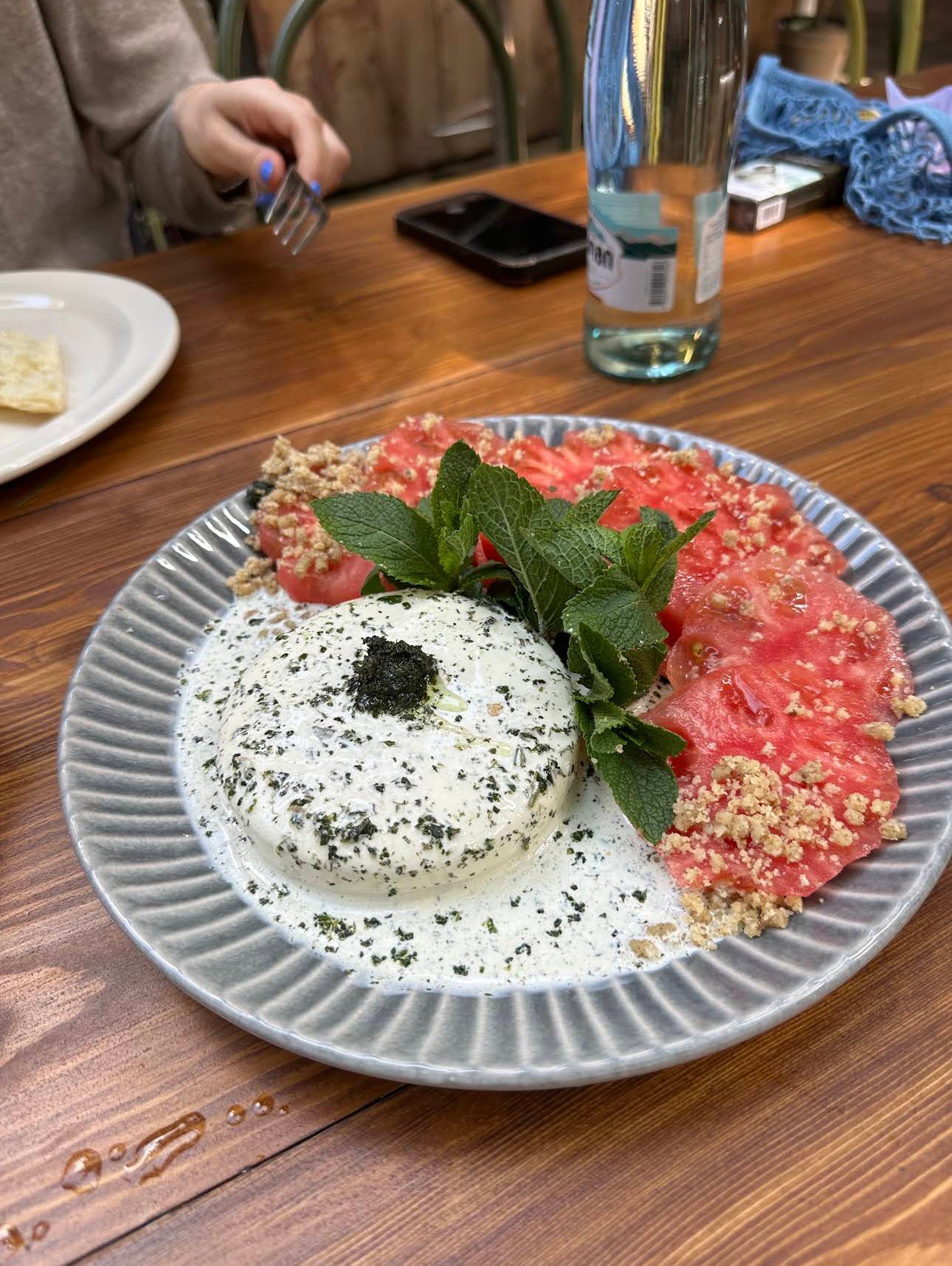 Suluguni, fresh tomatoes & mint adjika