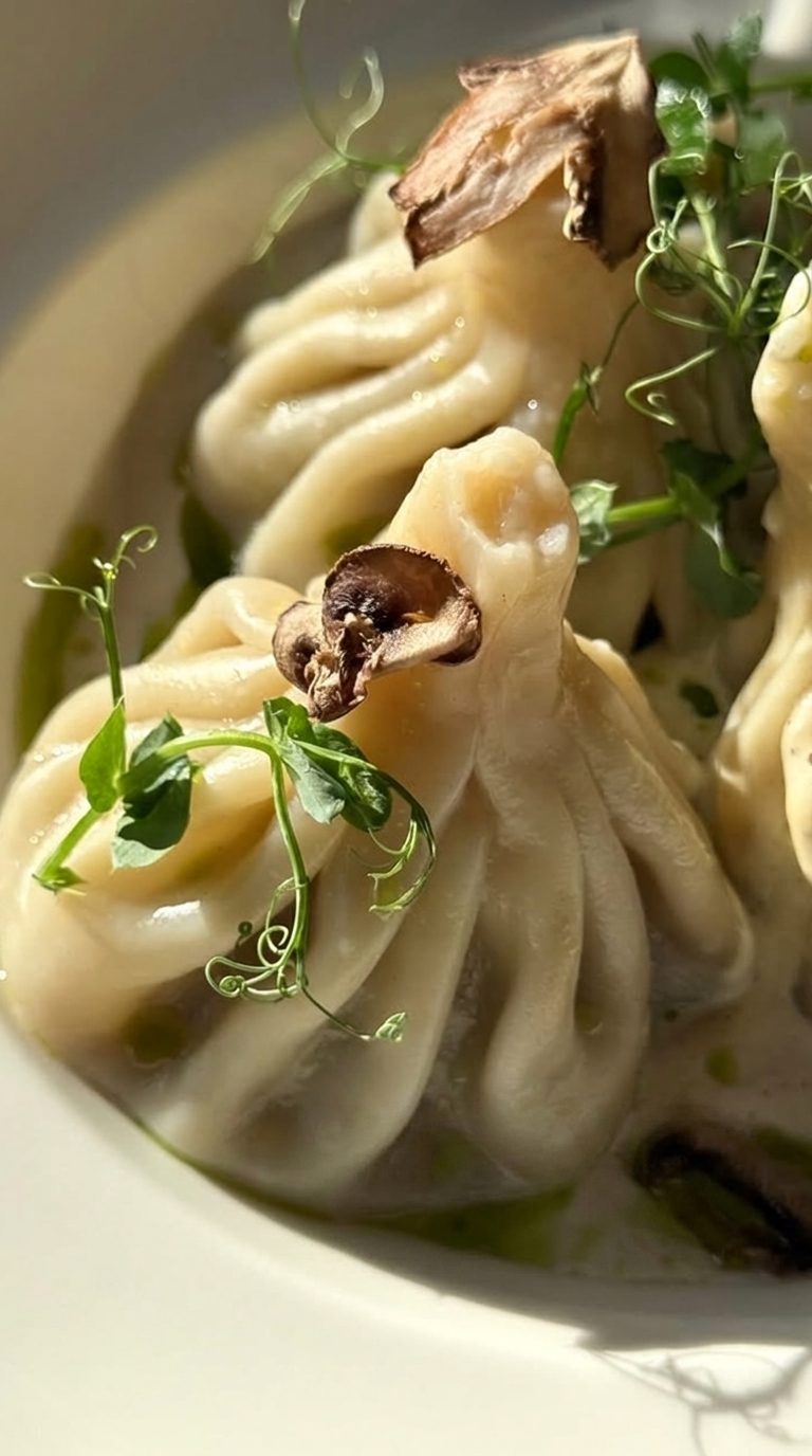 Khinkali with Mushrooms and Mashroom Sauce