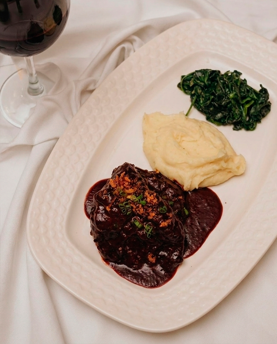 Veal cheeks, blackberry and mashed potato puree
